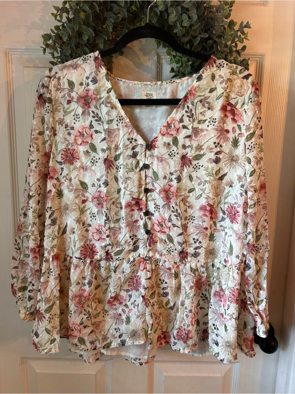 Floral V-Neck Button Peplum Blouse — Cream with Pink & Green Print